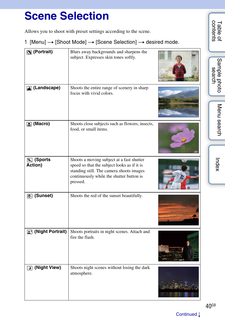 Scene selection, Ers (40), And (40) | Sony NEX-C3A User Manual | Page 40 / 170