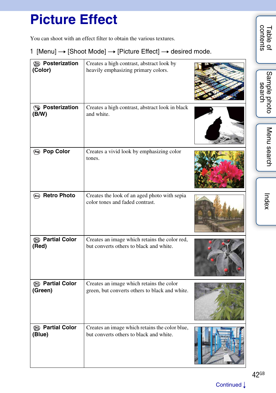 Picture effect | Sony NEX-C3A User Manual | Page 42 / 170