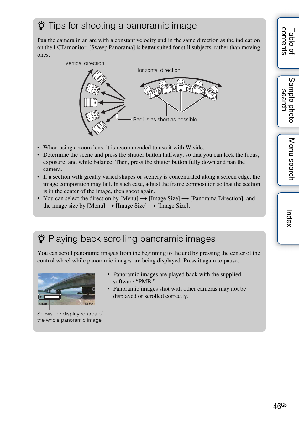 Tips for shooting a panoramic image, Playing back scrolling panoramic images | Sony NEX-C3A User Manual | Page 46 / 170
