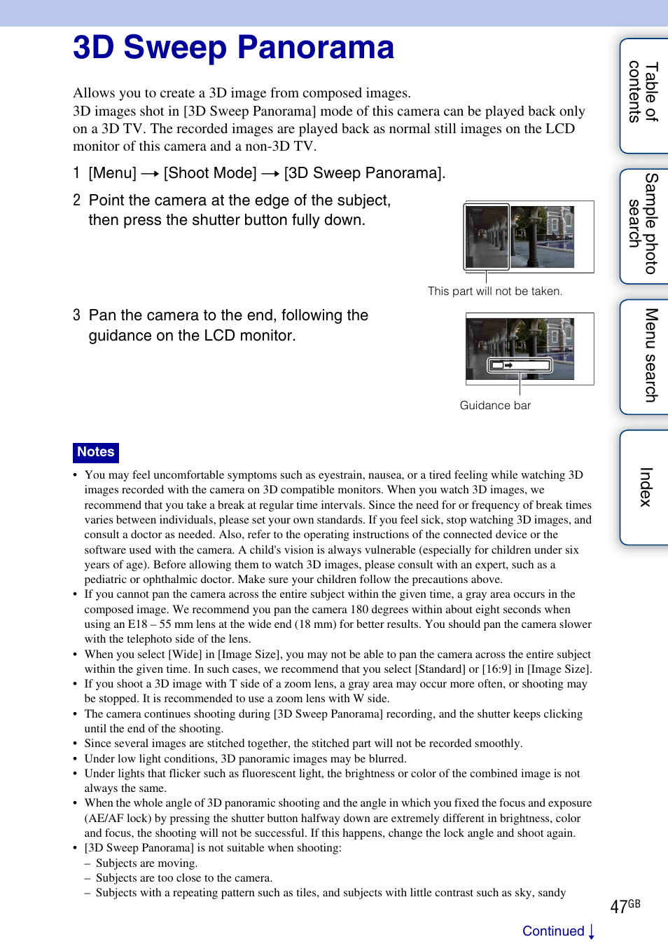 3d sweep panorama | Sony NEX-C3A User Manual | Page 47 / 170