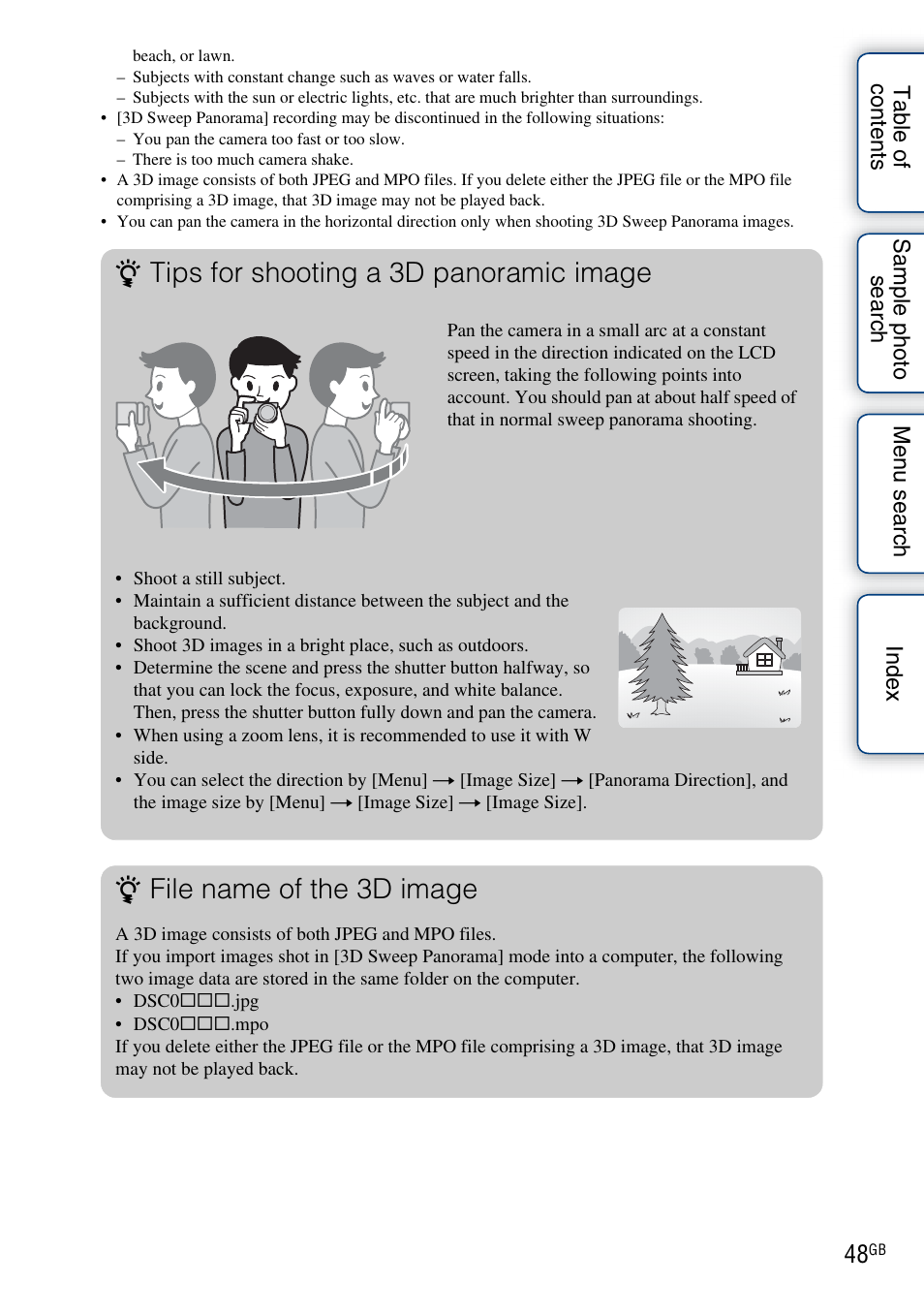 Tips for shooting a 3d panoramic image, File name of the 3d image | Sony NEX-C3A User Manual | Page 48 / 170