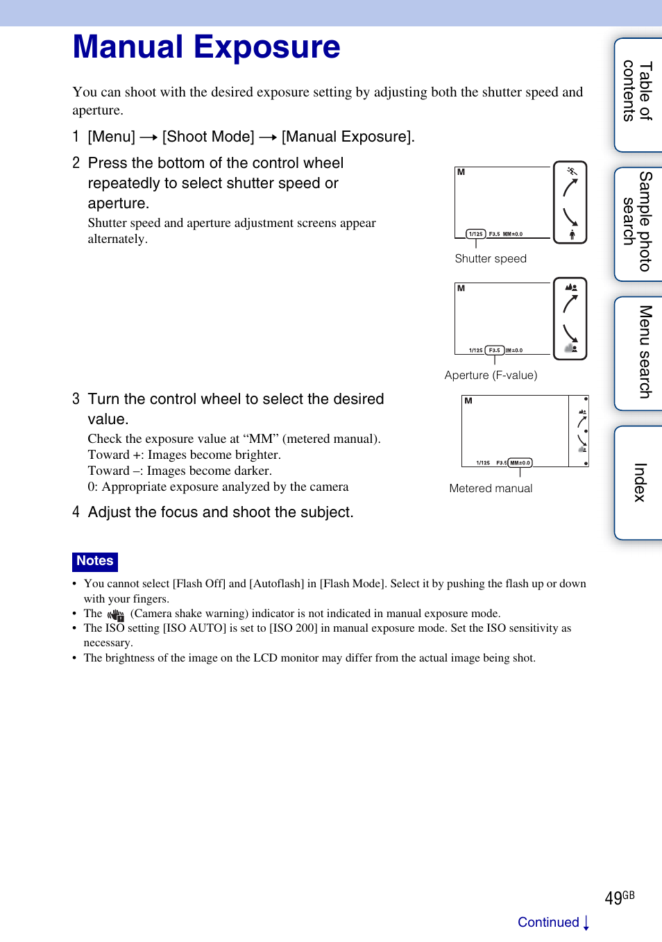 Manual exposure | Sony NEX-C3A User Manual | Page 49 / 170