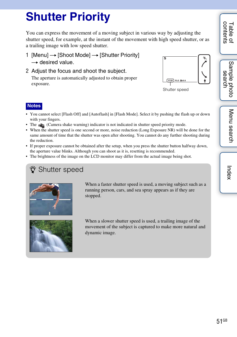 Shutter priority, R (51), Shutter speed | Sony NEX-C3A User Manual | Page 51 / 170