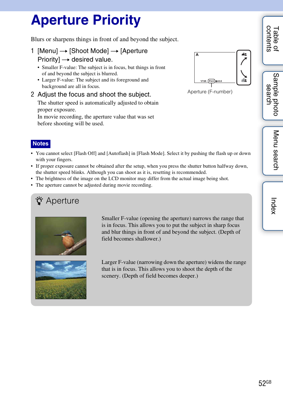 Aperture priority, Aperture | Sony NEX-C3A User Manual | Page 52 / 170