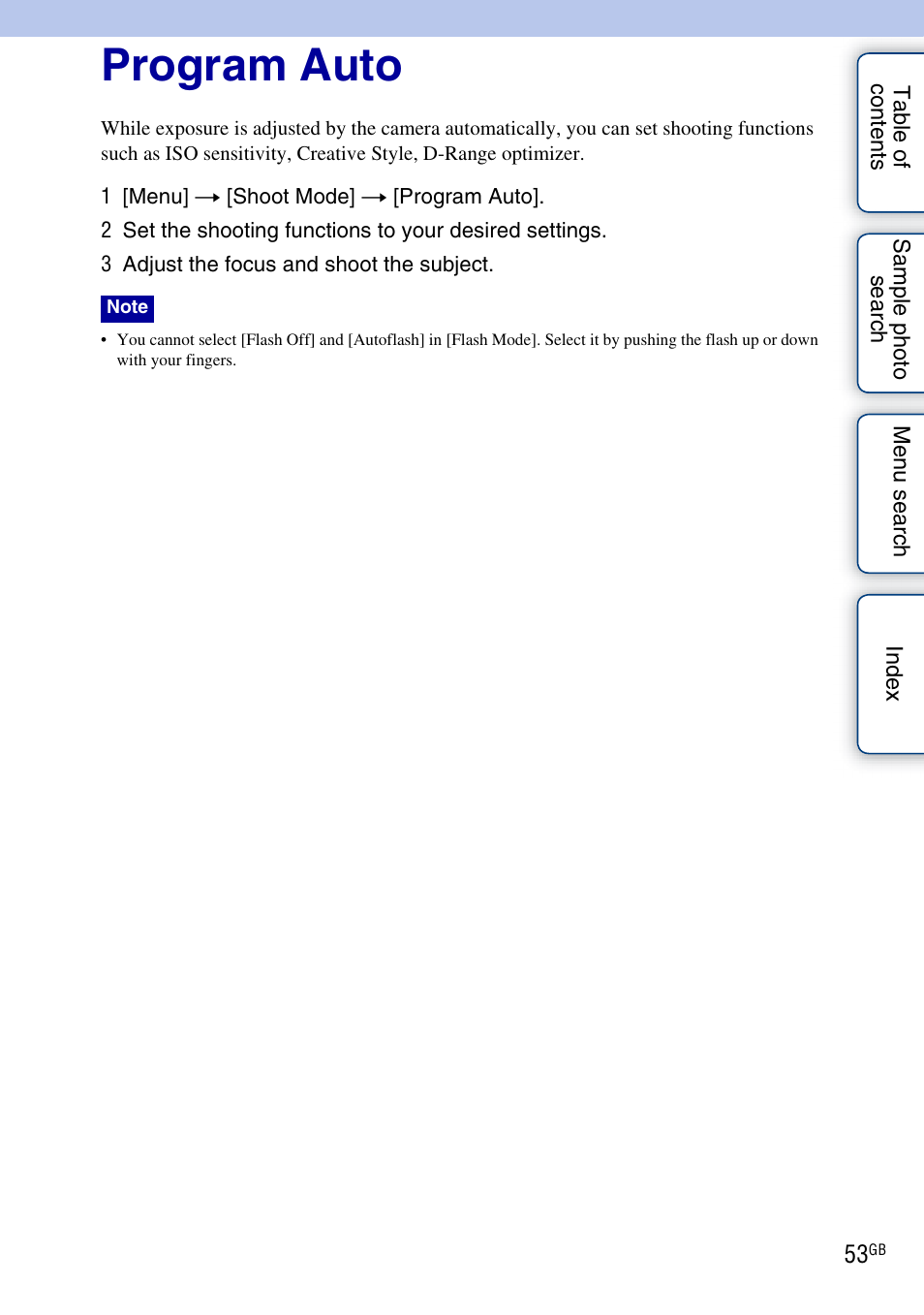Program auto | Sony NEX-C3A User Manual | Page 53 / 170