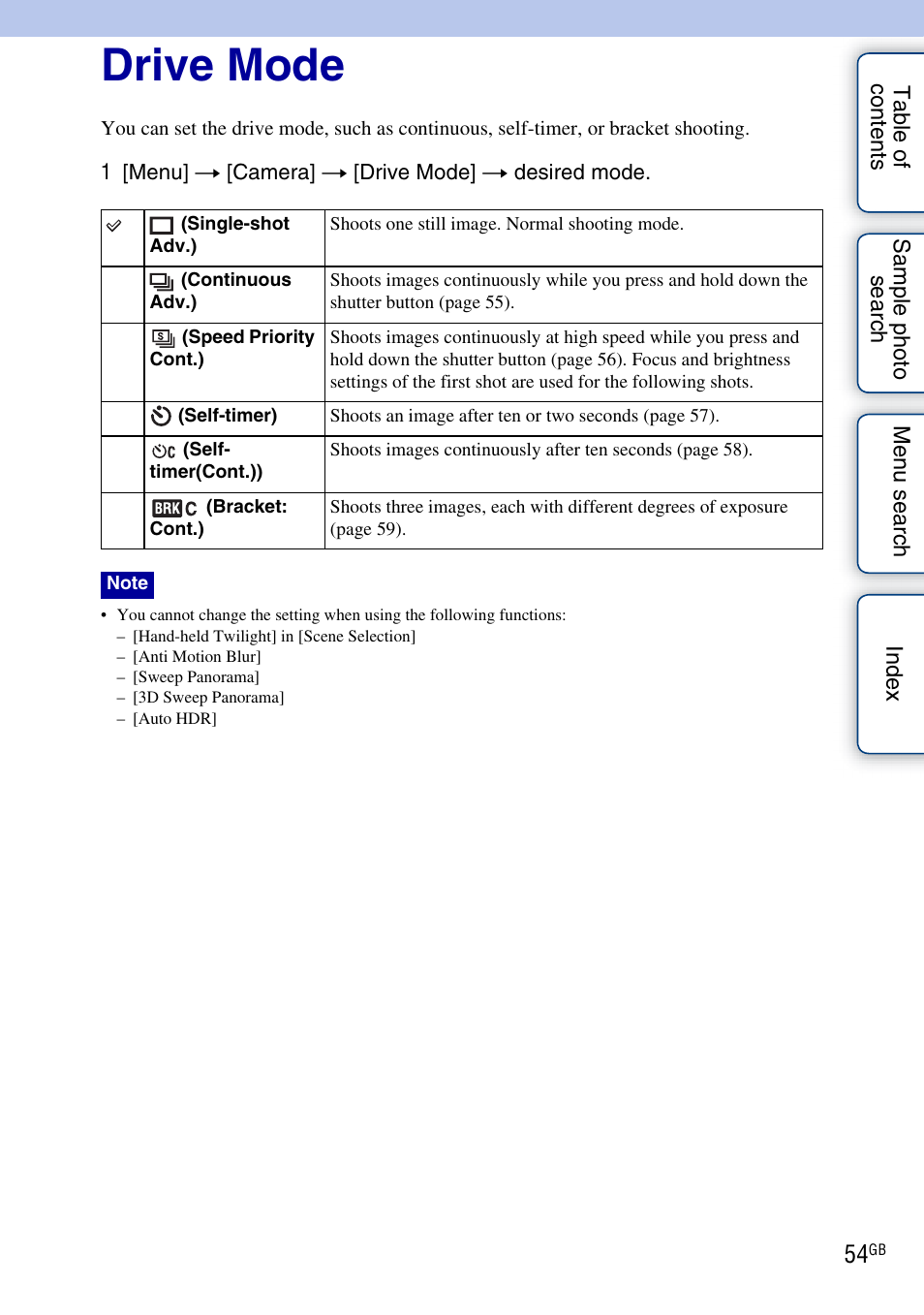 Drive mode | Sony NEX-C3A User Manual | Page 54 / 170