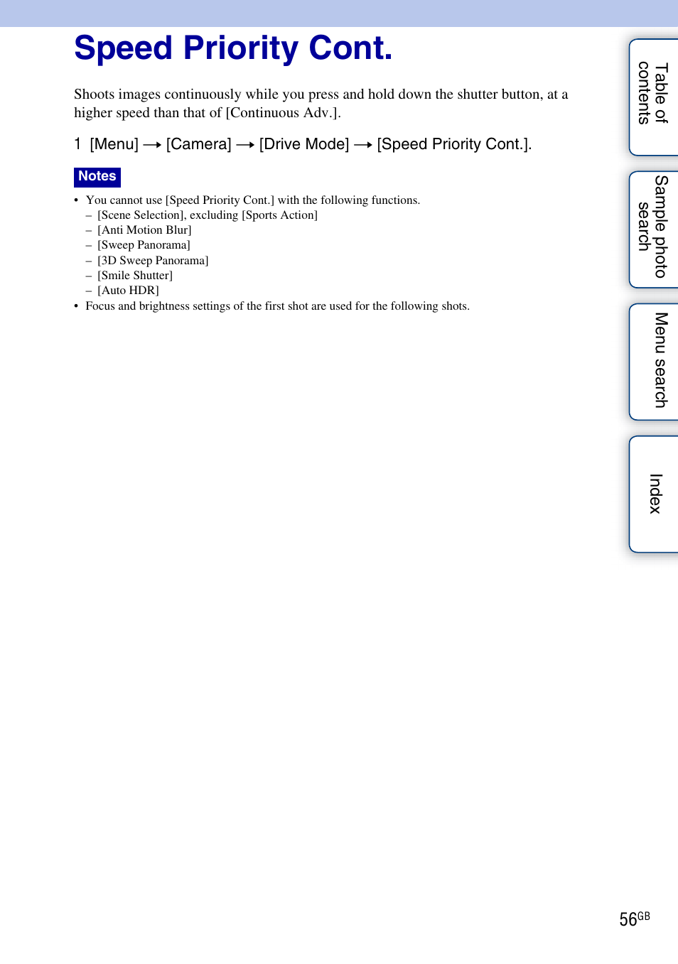Speed priority cont | Sony NEX-C3A User Manual | Page 56 / 170