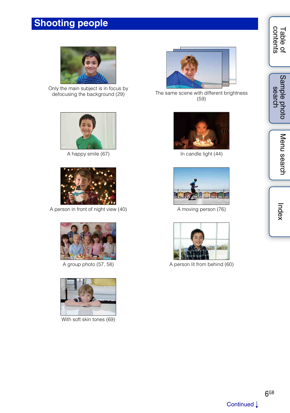 Shooting people (p | Sony NEX-C3A User Manual | Page 6 / 170