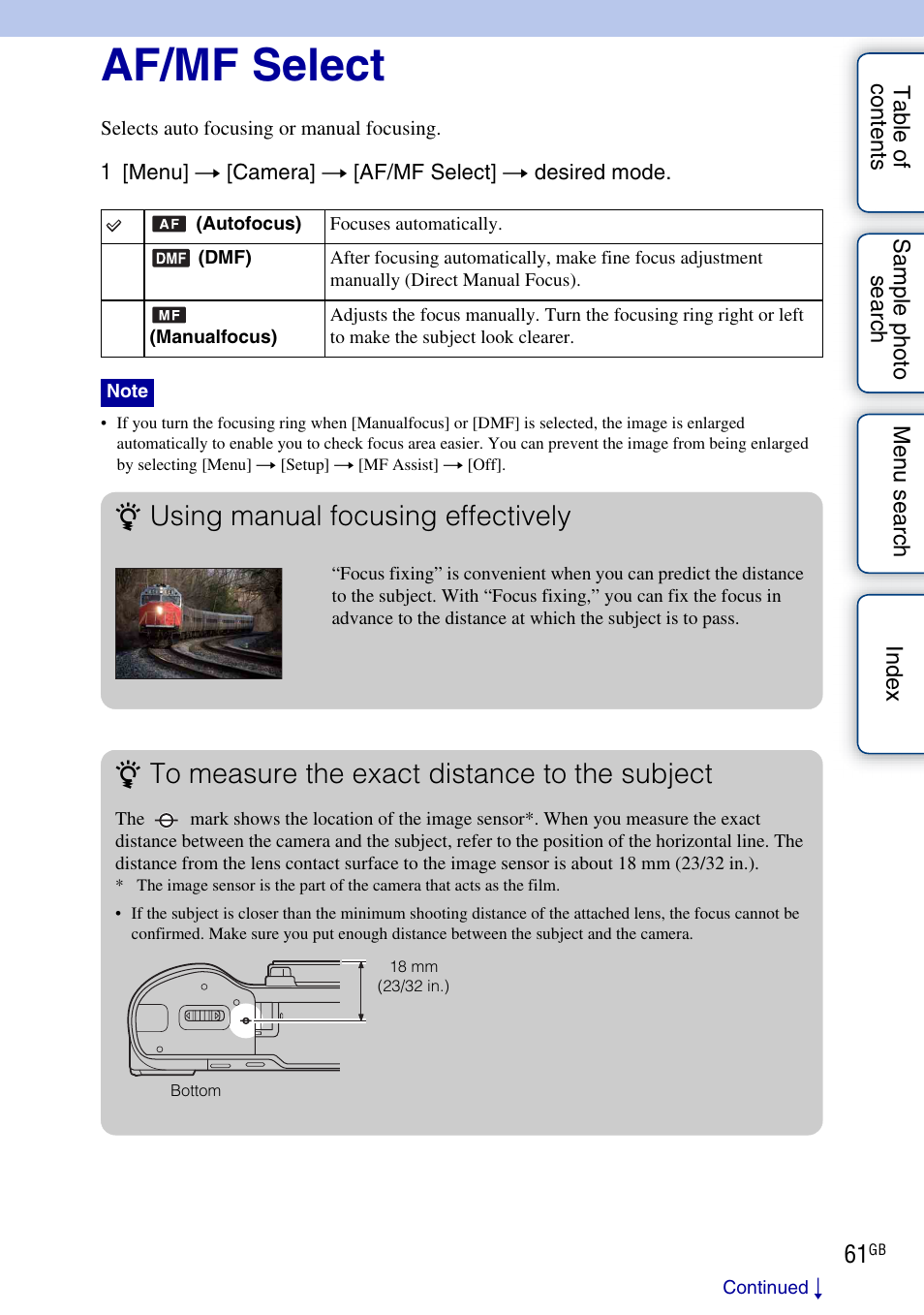 Af/mf select, Ly (61), Using manual focusing effectively | Sony NEX-C3A User Manual | Page 61 / 170