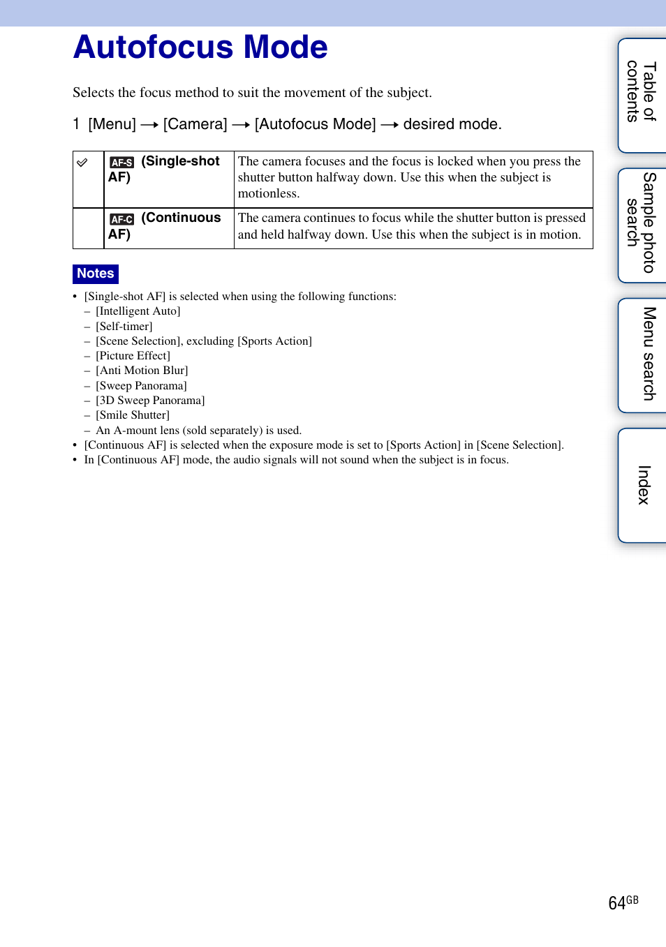 Autofocus mode, Ect (64) | Sony NEX-C3A User Manual | Page 64 / 170