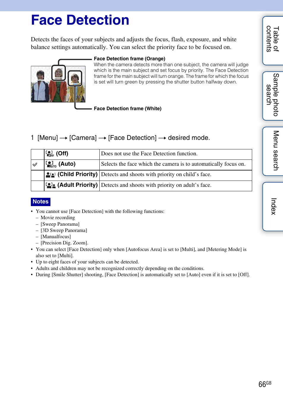 Face detection | Sony NEX-C3A User Manual | Page 66 / 170