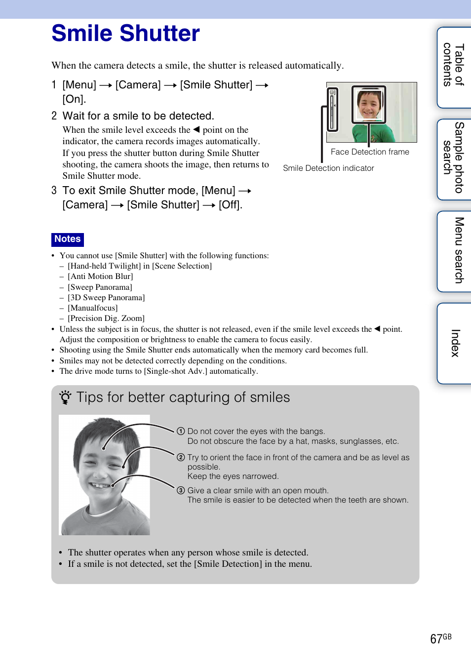 Smile shutter, Tips for better capturing of smiles | Sony NEX-C3A User Manual | Page 67 / 170