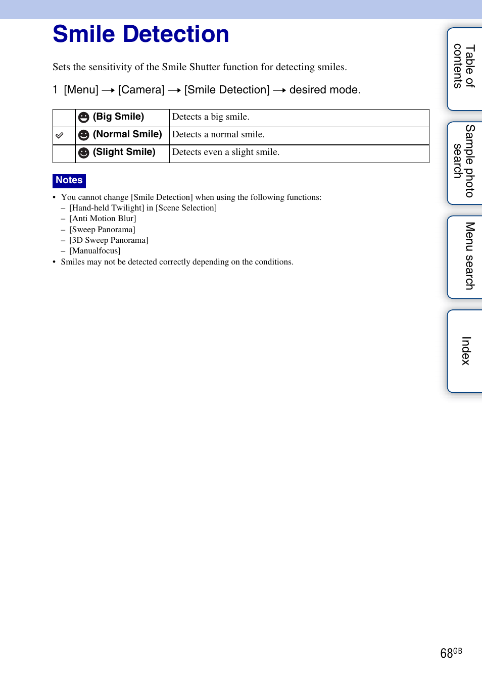 Smile detection | Sony NEX-C3A User Manual | Page 68 / 170