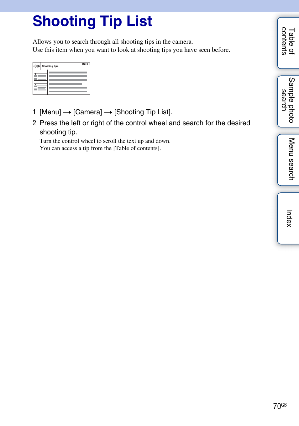 Shooting tip list | Sony NEX-C3A User Manual | Page 70 / 170