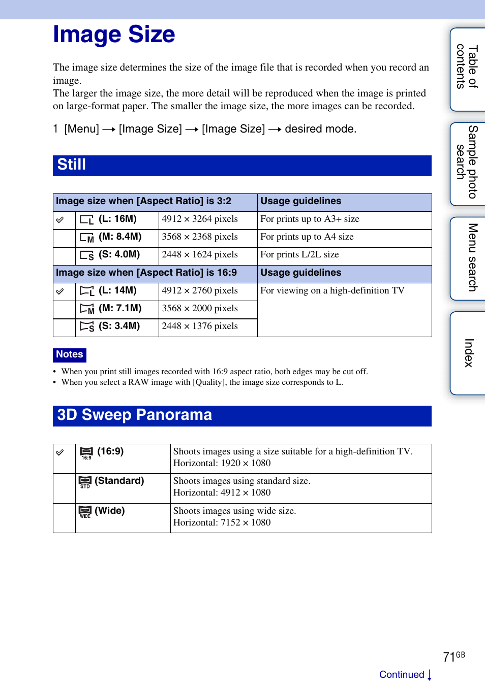 Image size, Still, 3d sweep panorama | Sony NEX-C3A User Manual | Page 71 / 170