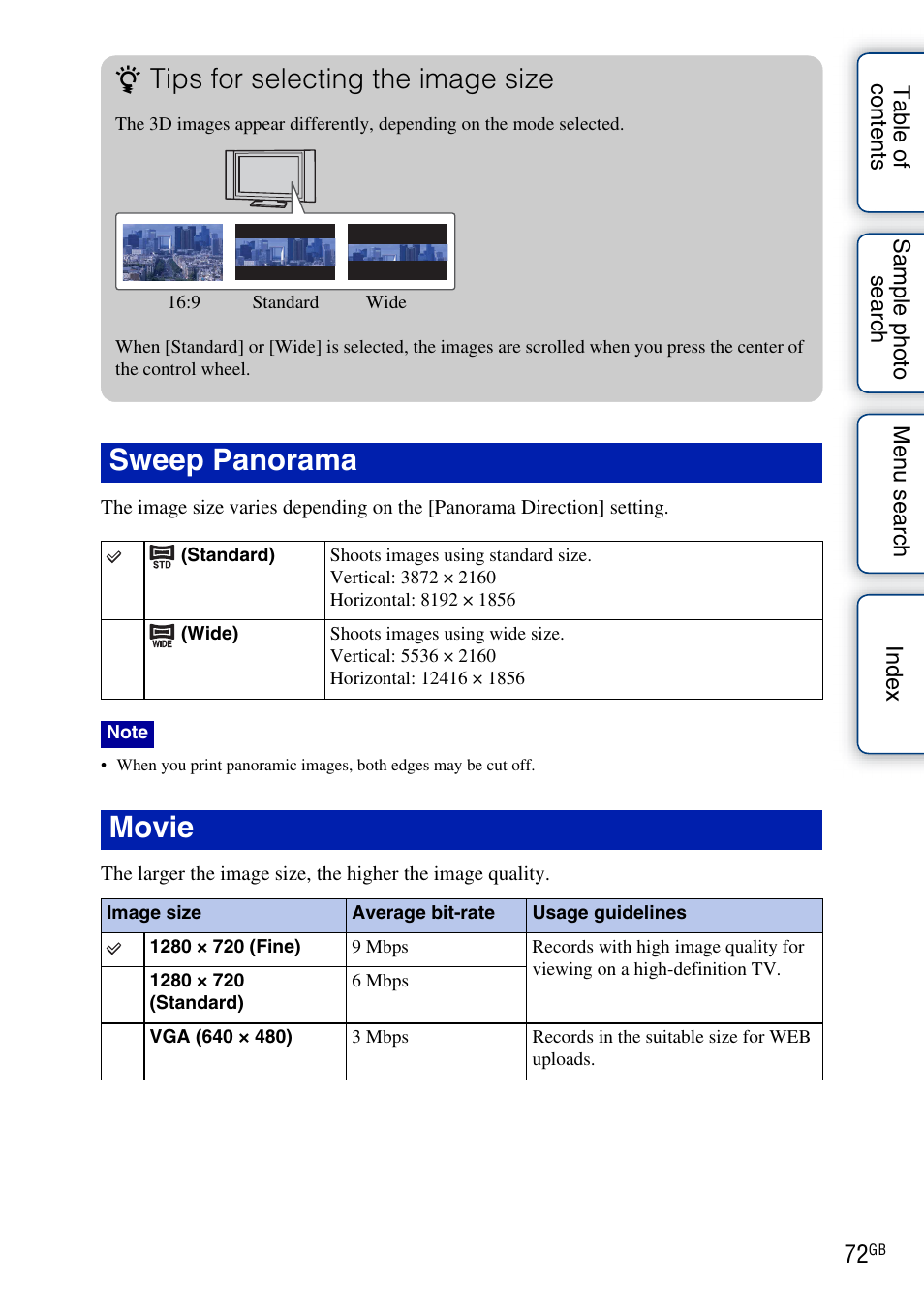 Sweep panorama, Movie, Tips for selecting the image size | Sony NEX-C3A User Manual | Page 72 / 170