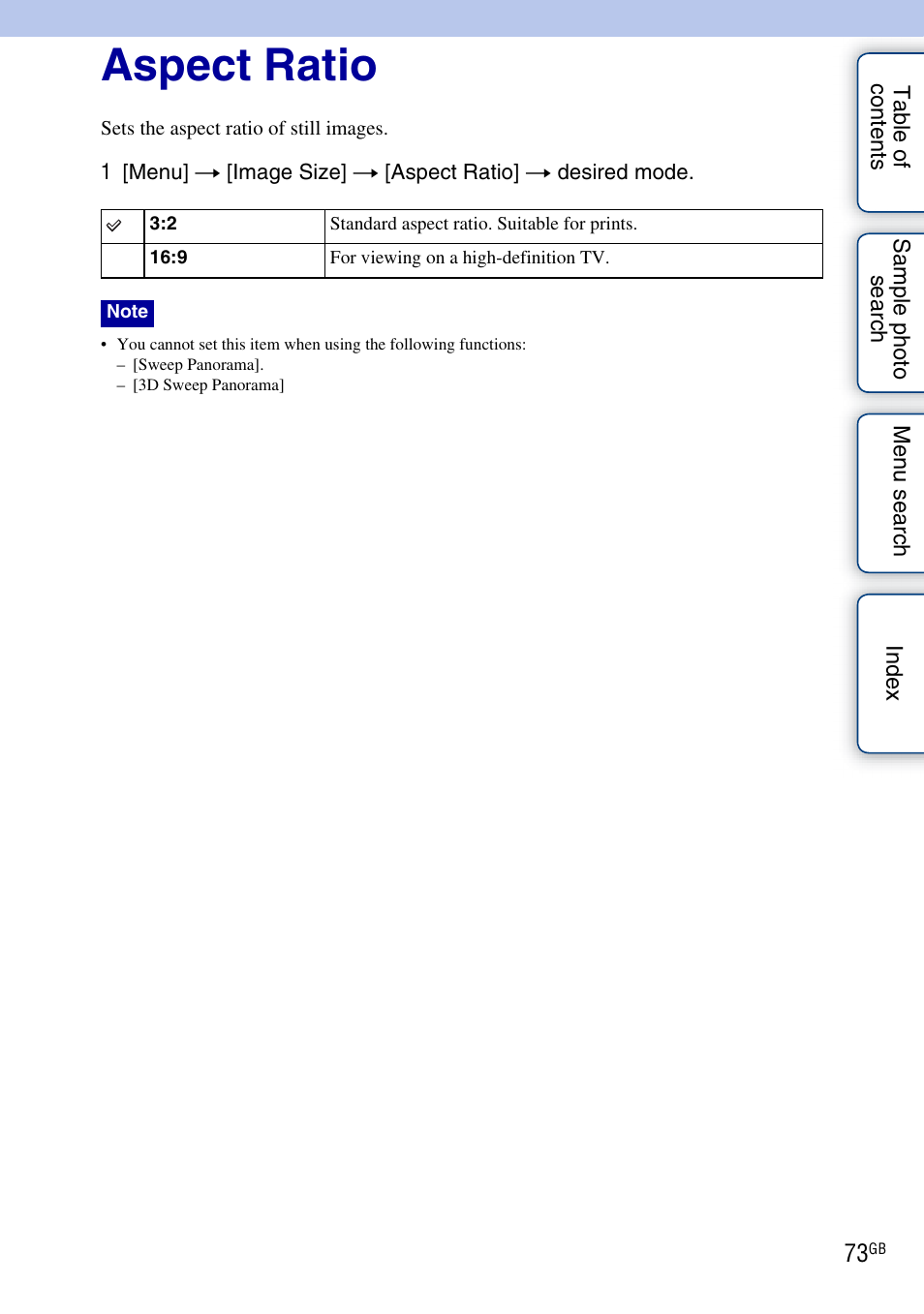 Aspect ratio | Sony NEX-C3A User Manual | Page 73 / 170