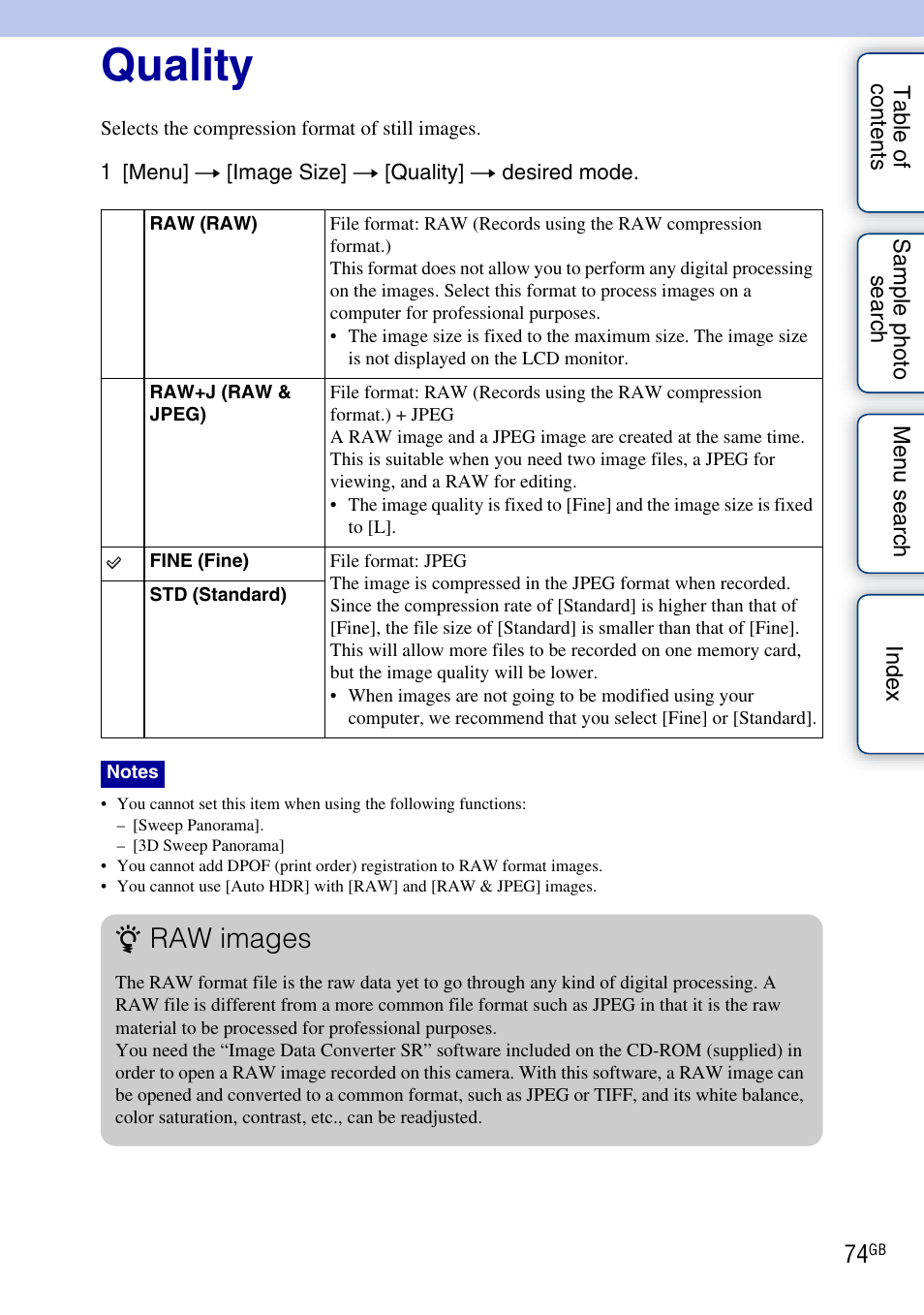 Quality, Raw images | Sony NEX-C3A User Manual | Page 74 / 170