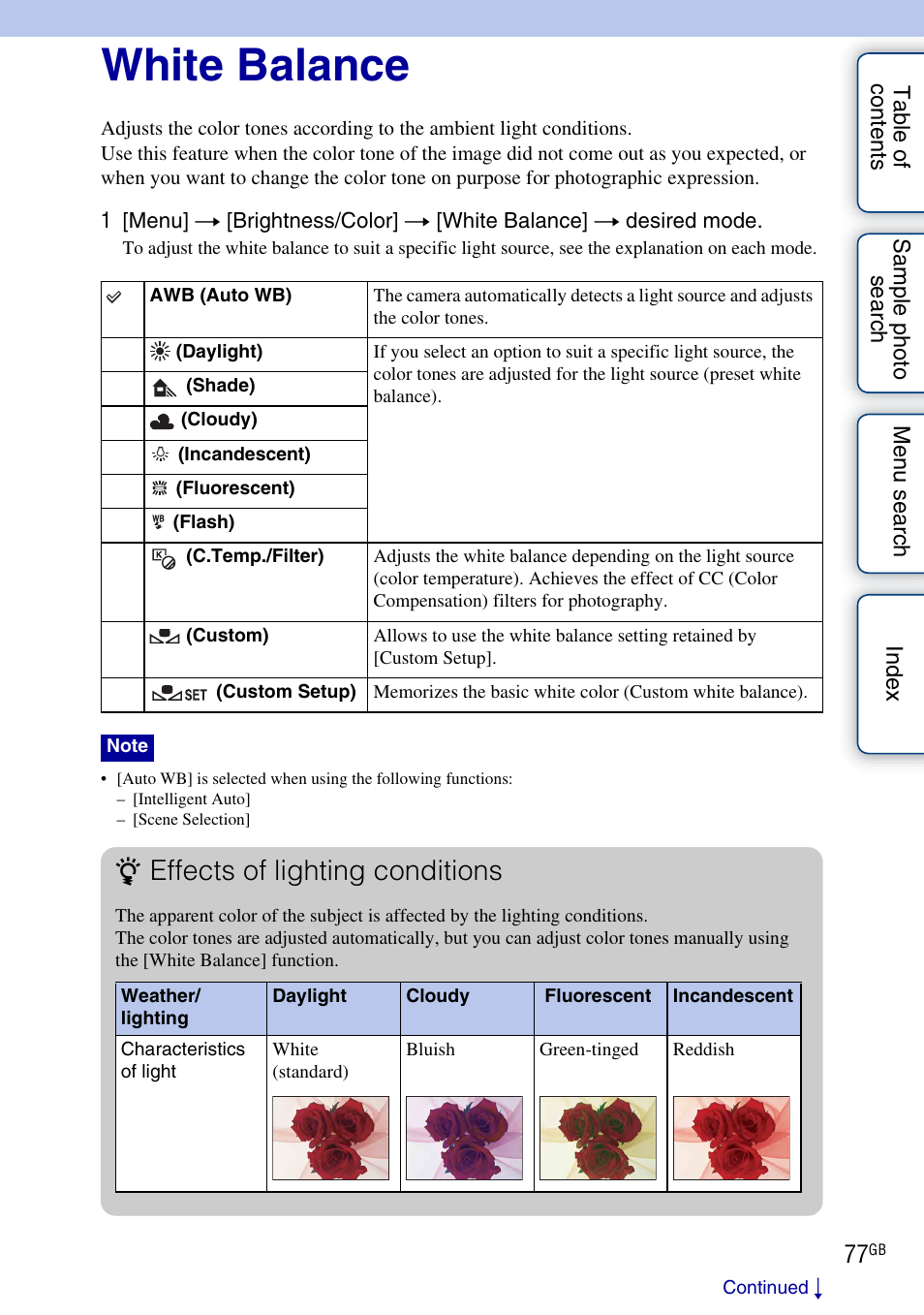 White balance, Effects of lighting conditions | Sony NEX-C3A User Manual | Page 77 / 170