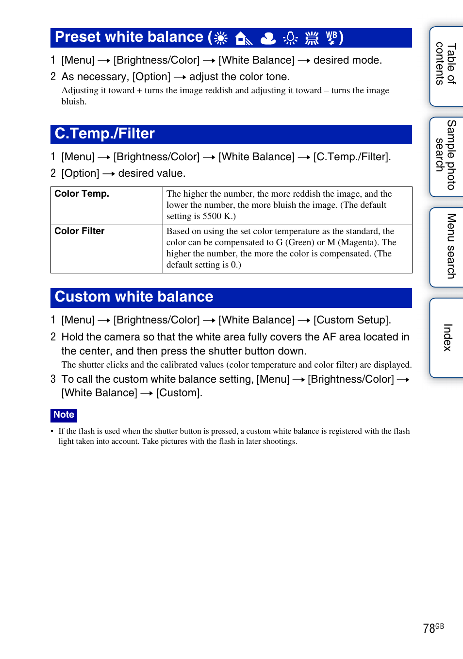 Preset white balance ( ) c.temp./filter, Custom white balance | Sony NEX-C3A User Manual | Page 78 / 170