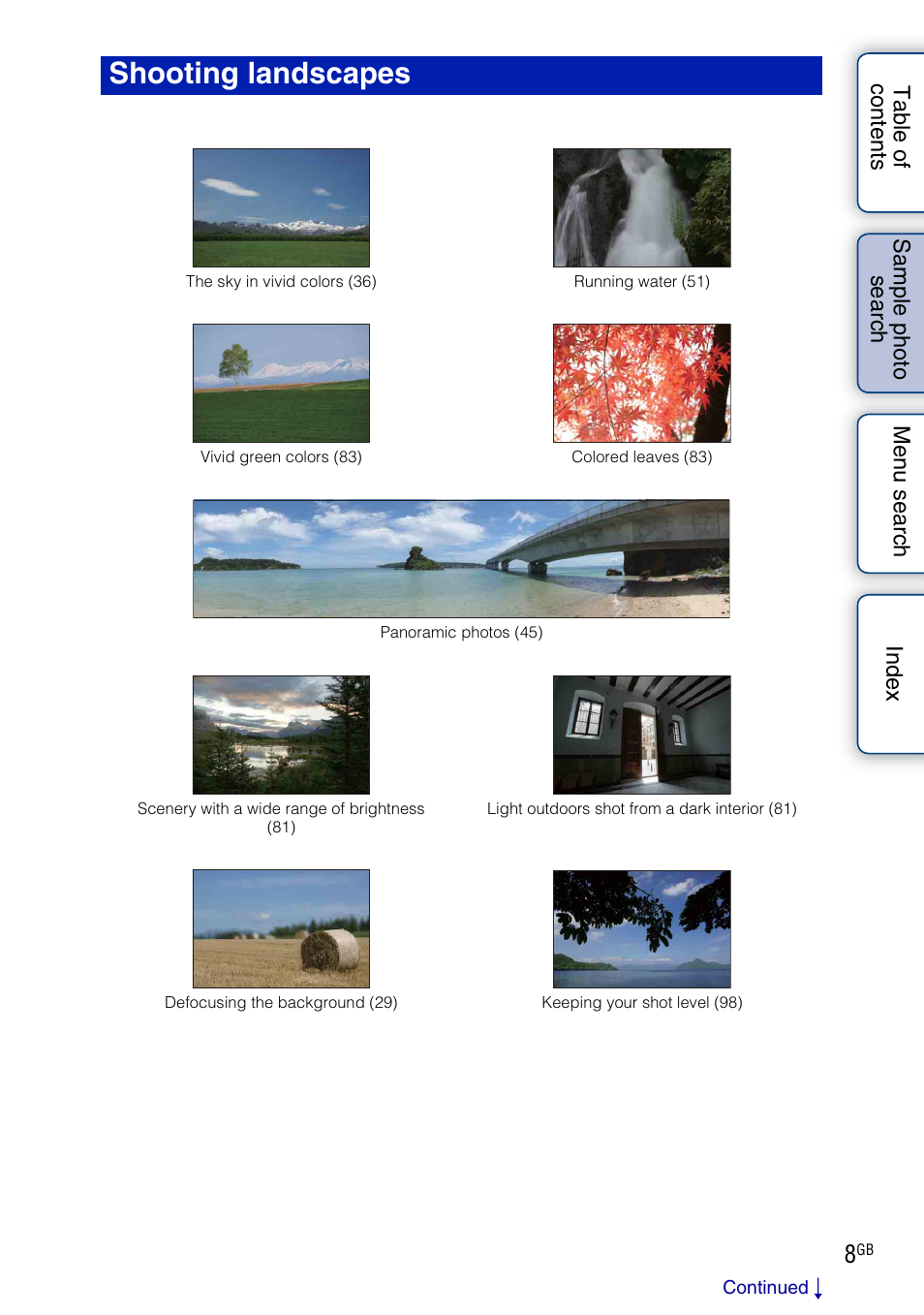 Shooting landscapes (p | Sony NEX-C3A User Manual | Page 8 / 170