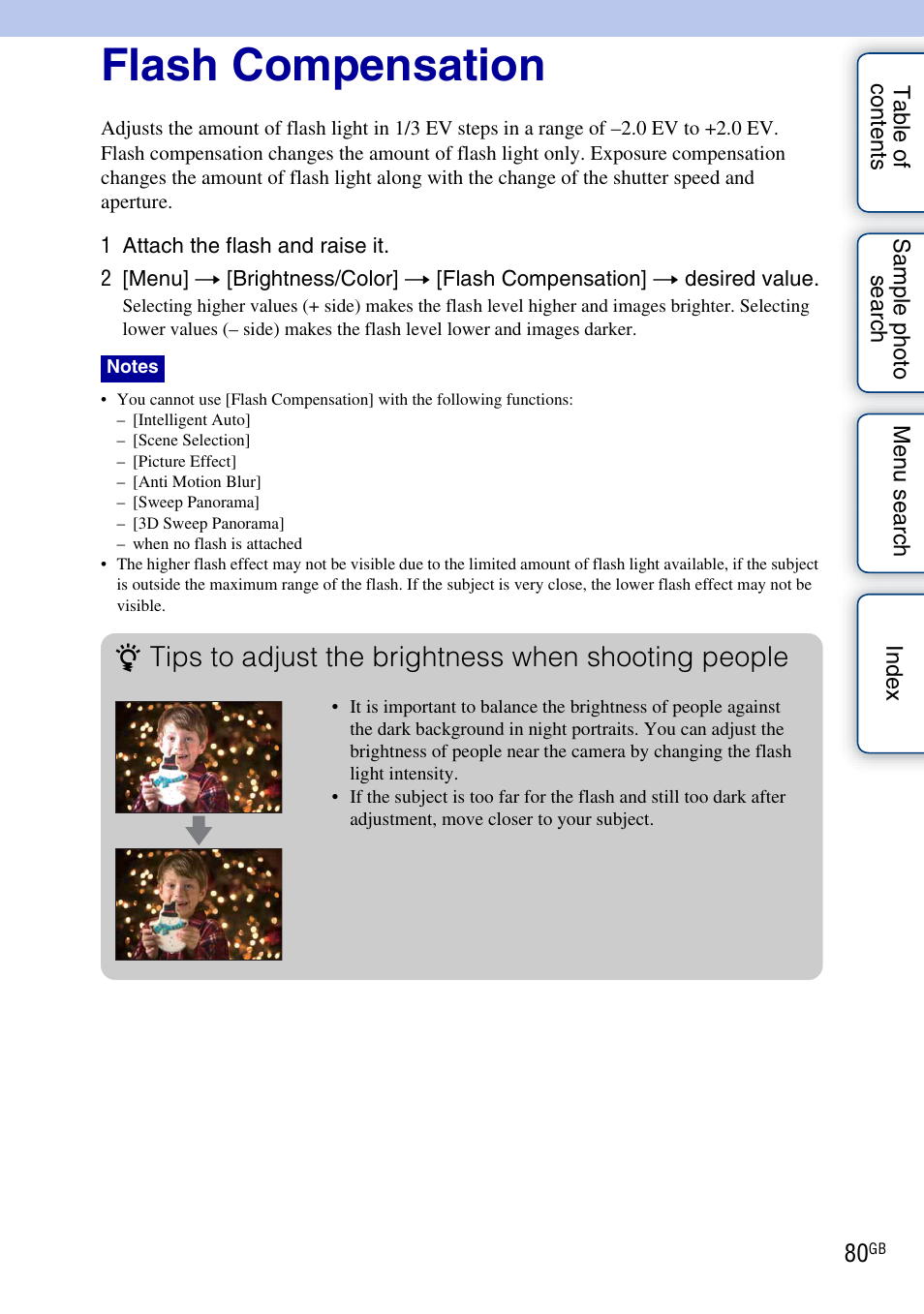 Flash compensation, Ght (80), Tips to adjust the brightness when shooting people | Sony NEX-C3A User Manual | Page 80 / 170