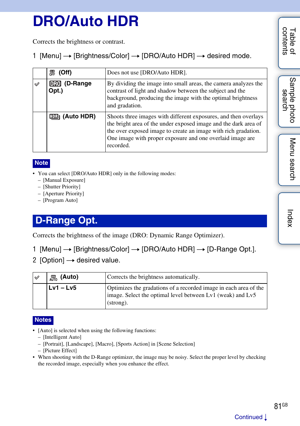 Dro/auto hdr, Rior (81), D-range opt | Sony NEX-C3A User Manual | Page 81 / 170