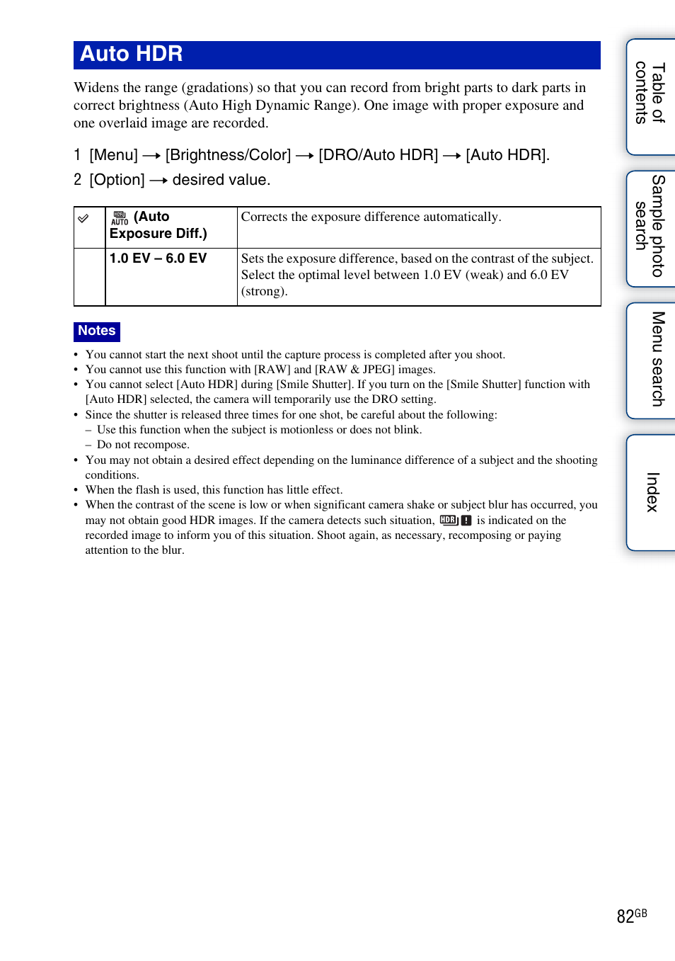 Auto hdr | Sony NEX-C3A User Manual | Page 82 / 170