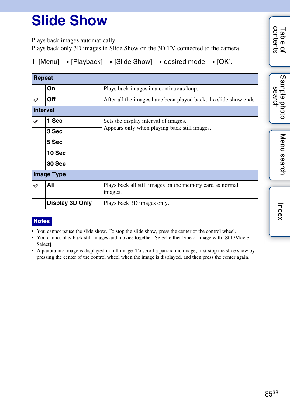 Slide show | Sony NEX-C3A User Manual | Page 85 / 170