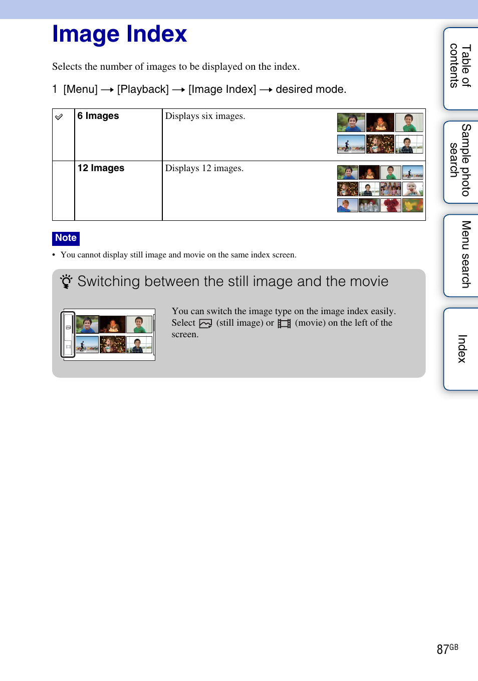 Image index, Switching between the still image and the movie | Sony NEX-C3A User Manual | Page 87 / 170