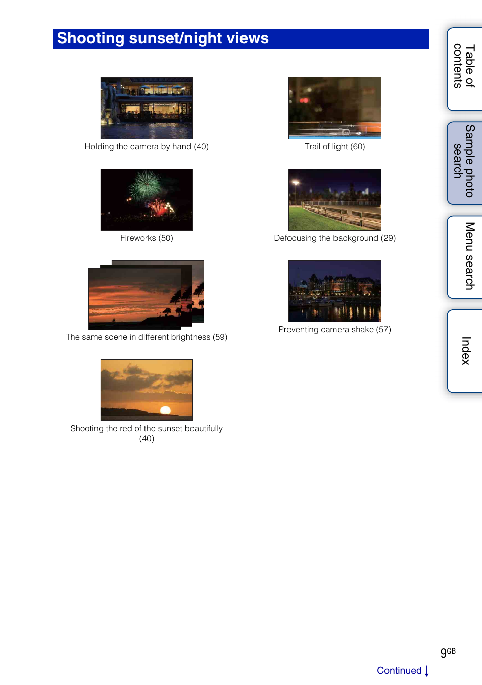 Shooting sunset/night views, E 9) | Sony NEX-C3A User Manual | Page 9 / 170