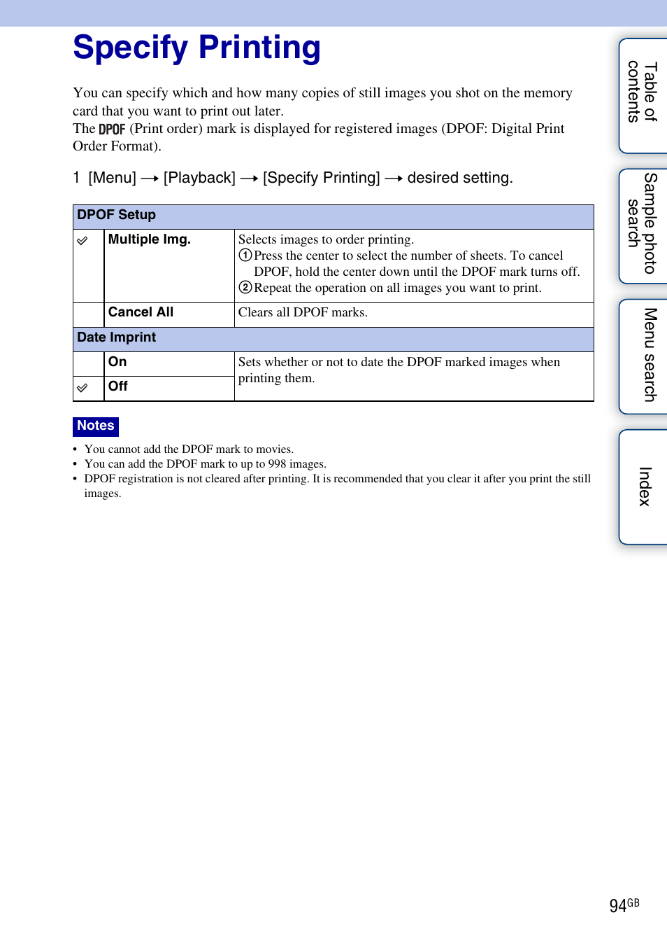 Specify printing | Sony NEX-C3A User Manual | Page 94 / 170