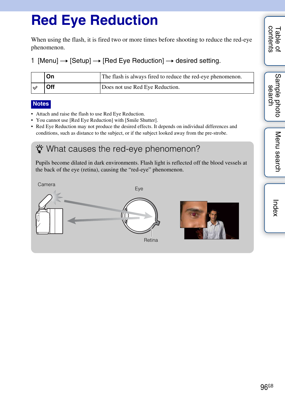 Red eye reduction, What causes the red-eye phenomenon | Sony NEX-C3A User Manual | Page 96 / 170