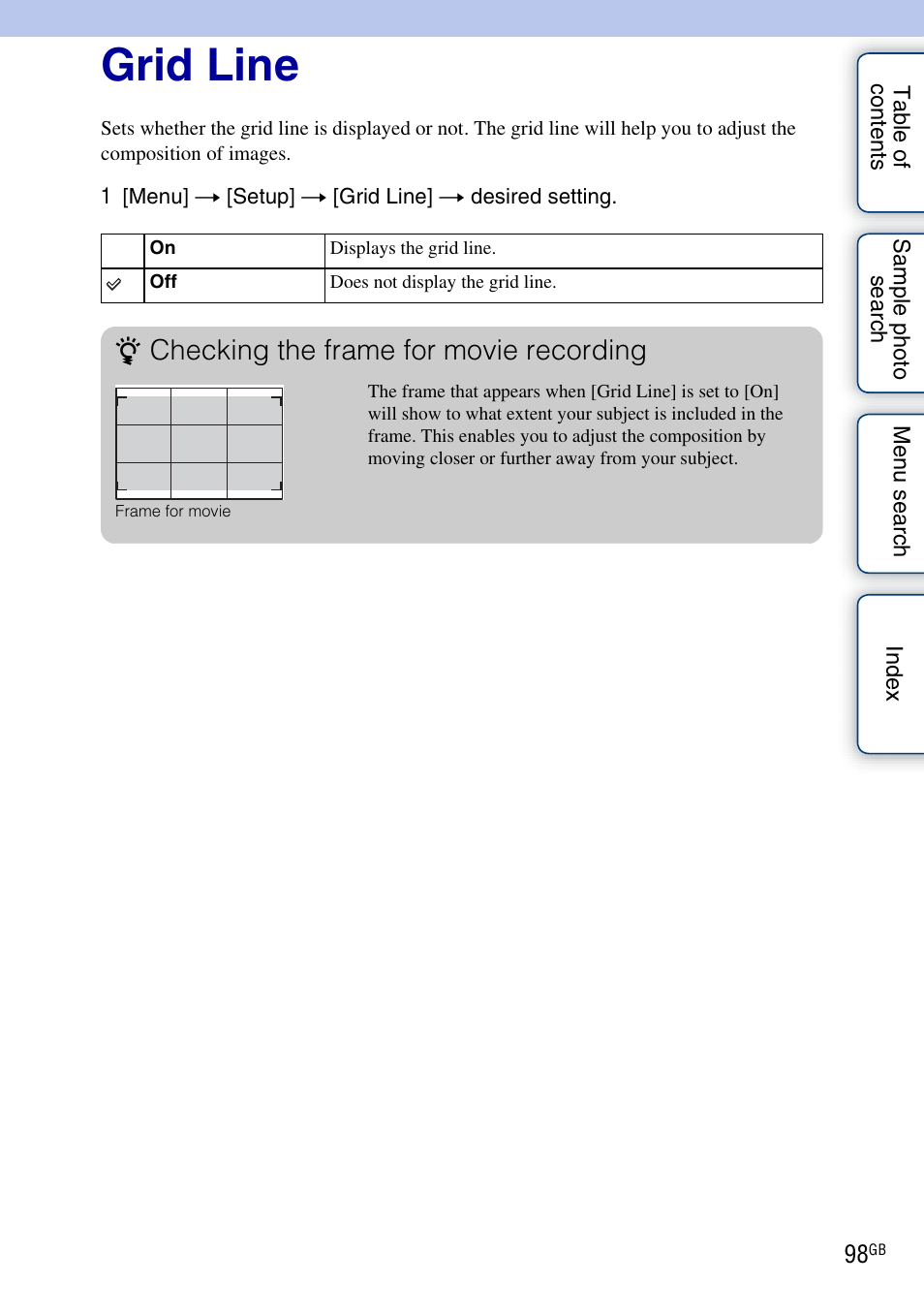 Grid line, L (98), Checking the frame for movie recording | Sony NEX-C3A User Manual | Page 98 / 170