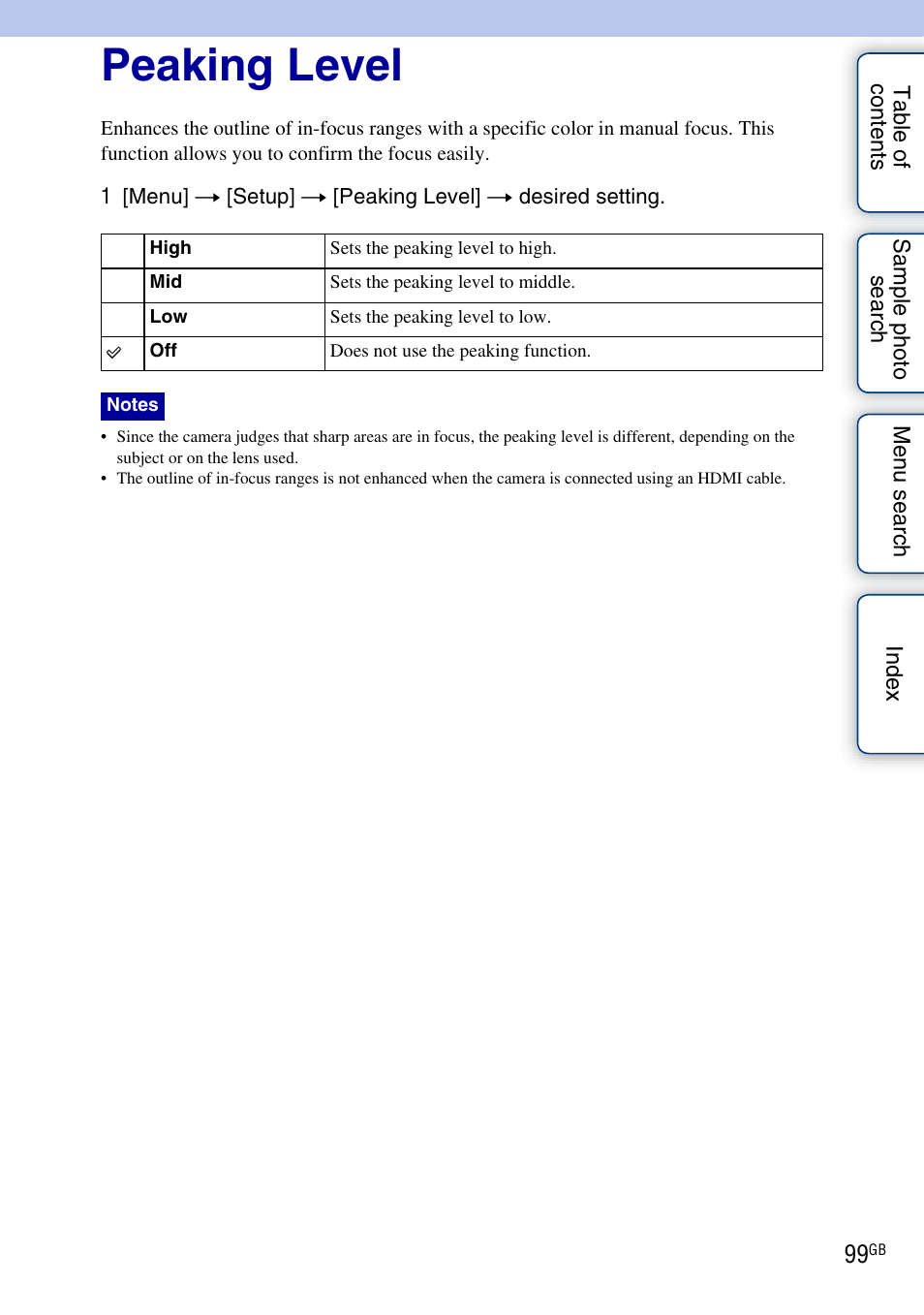 Peaking level | Sony NEX-C3A User Manual | Page 99 / 170