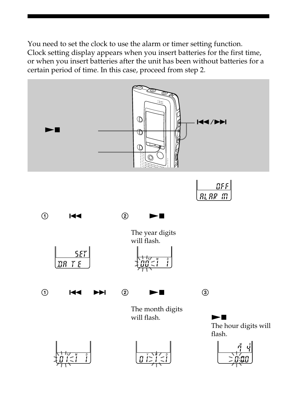 Step 2: setting the clock | Sony ICD-BP100 User Manual | Page 10 / 68