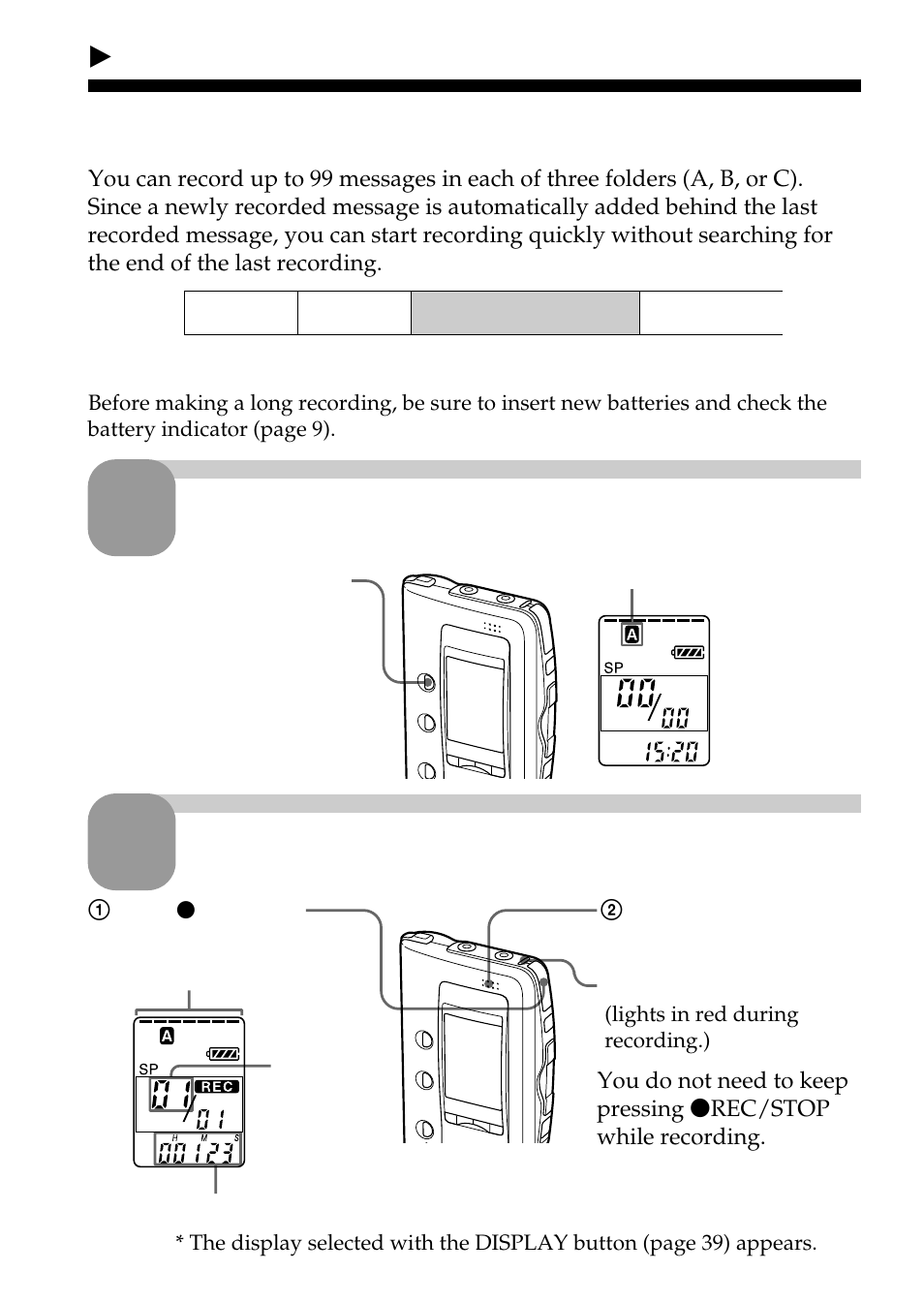 Select the folder, Start recording, Recording messages | Sony ICD-BP100 User Manual | Page 12 / 68
