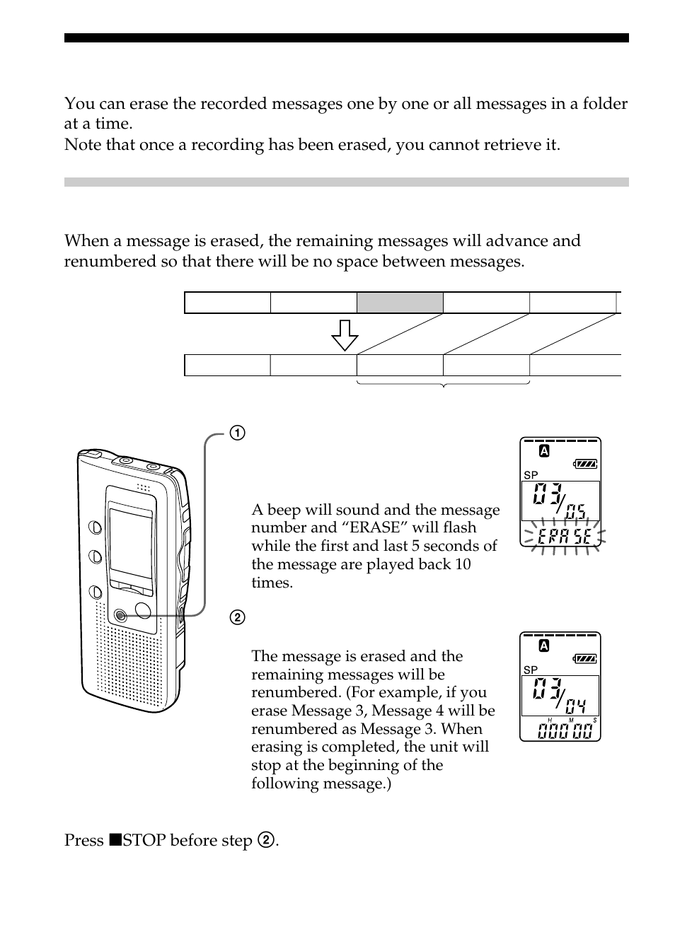 Erasing messages, Erasing messages one by one | Sony ICD-BP100 User Manual | Page 20 / 68