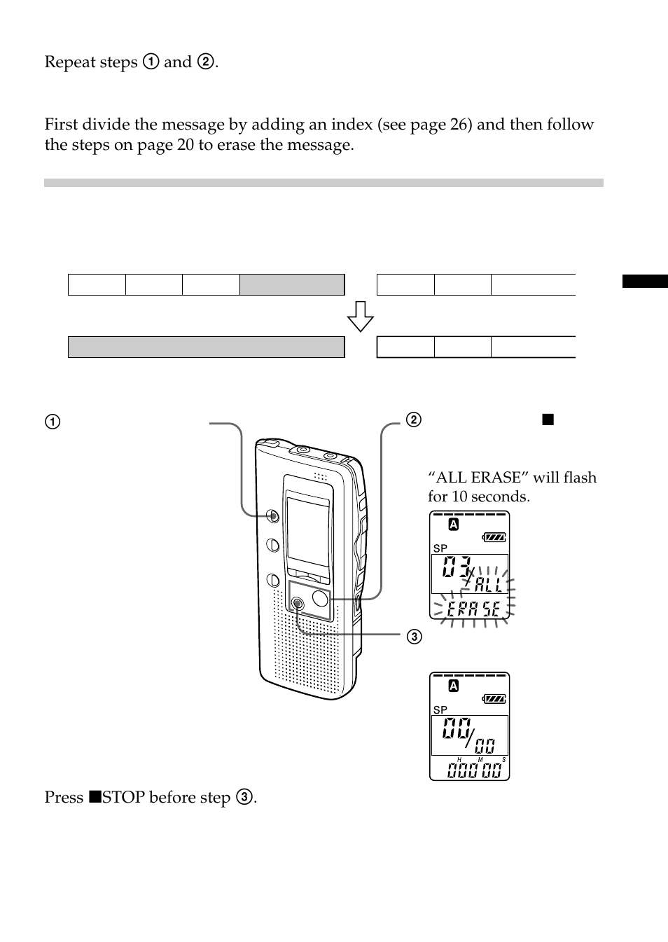 Erasing all messages in a folder | Sony ICD-BP100 User Manual | Page 21 / 68