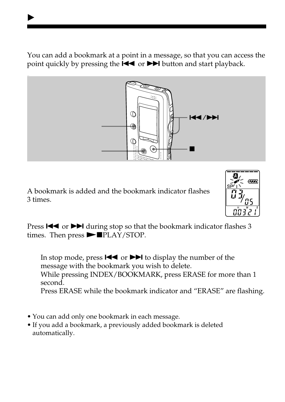 Adding a bookmark, Bvarious ways of playback | Sony ICD-BP100 User Manual | Page 22 / 68