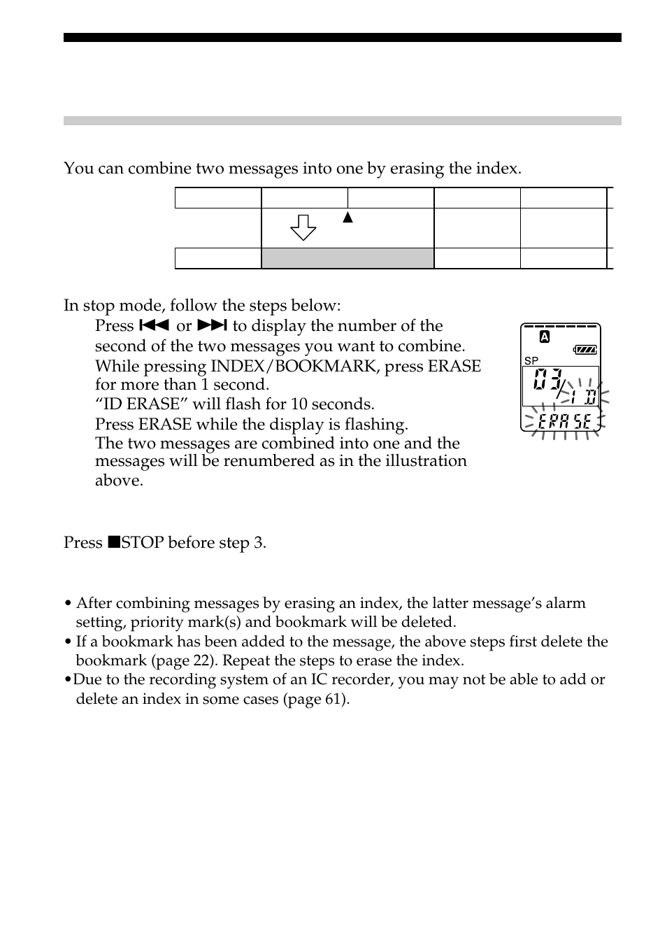 Combining messages by erasing the index | Sony ICD-BP100 User Manual | Page 28 / 68