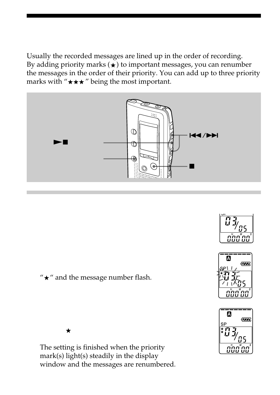 Adding priority mark(s) — priority mark function | Sony ICD-BP100 User Manual | Page 30 / 68