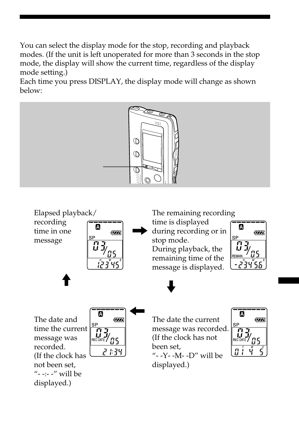 Selecting the display mode | Sony ICD-BP100 User Manual | Page 39 / 68