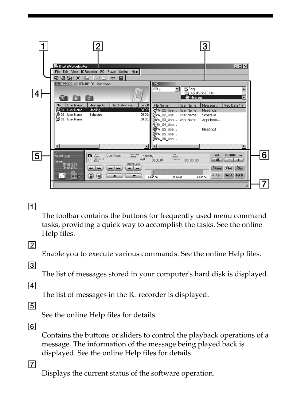 Names and functions of the main window | Sony ICD-BP100 User Manual | Page 50 / 68