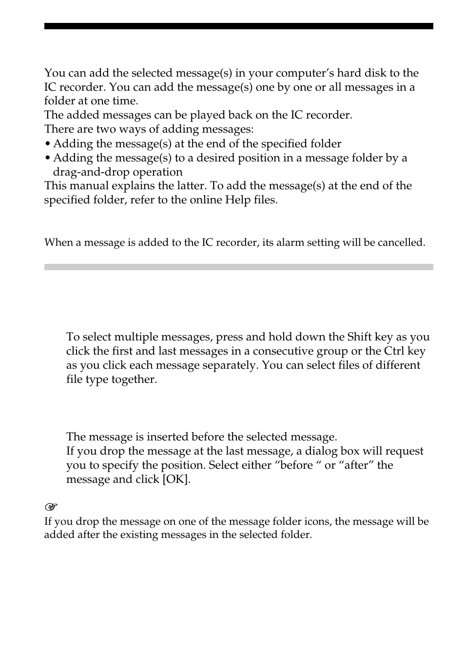 Adding messages to the ic recorder, Adding messages one by one | Sony ICD-BP100 User Manual | Page 54 / 68