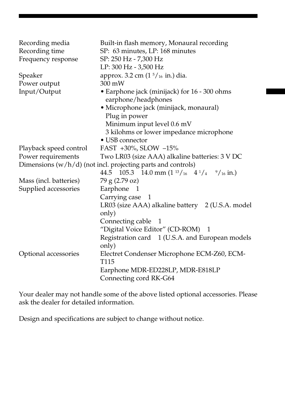 Specifications, Additional informatio n | Sony ICD-BP100 User Manual | Page 65 / 68