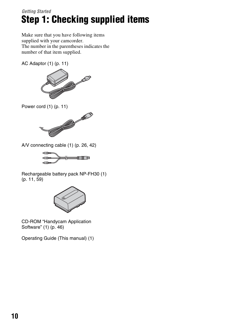 Getting started, Step 1: checking supplied items | Sony DCR-HC38 User Manual | Page 10 / 84