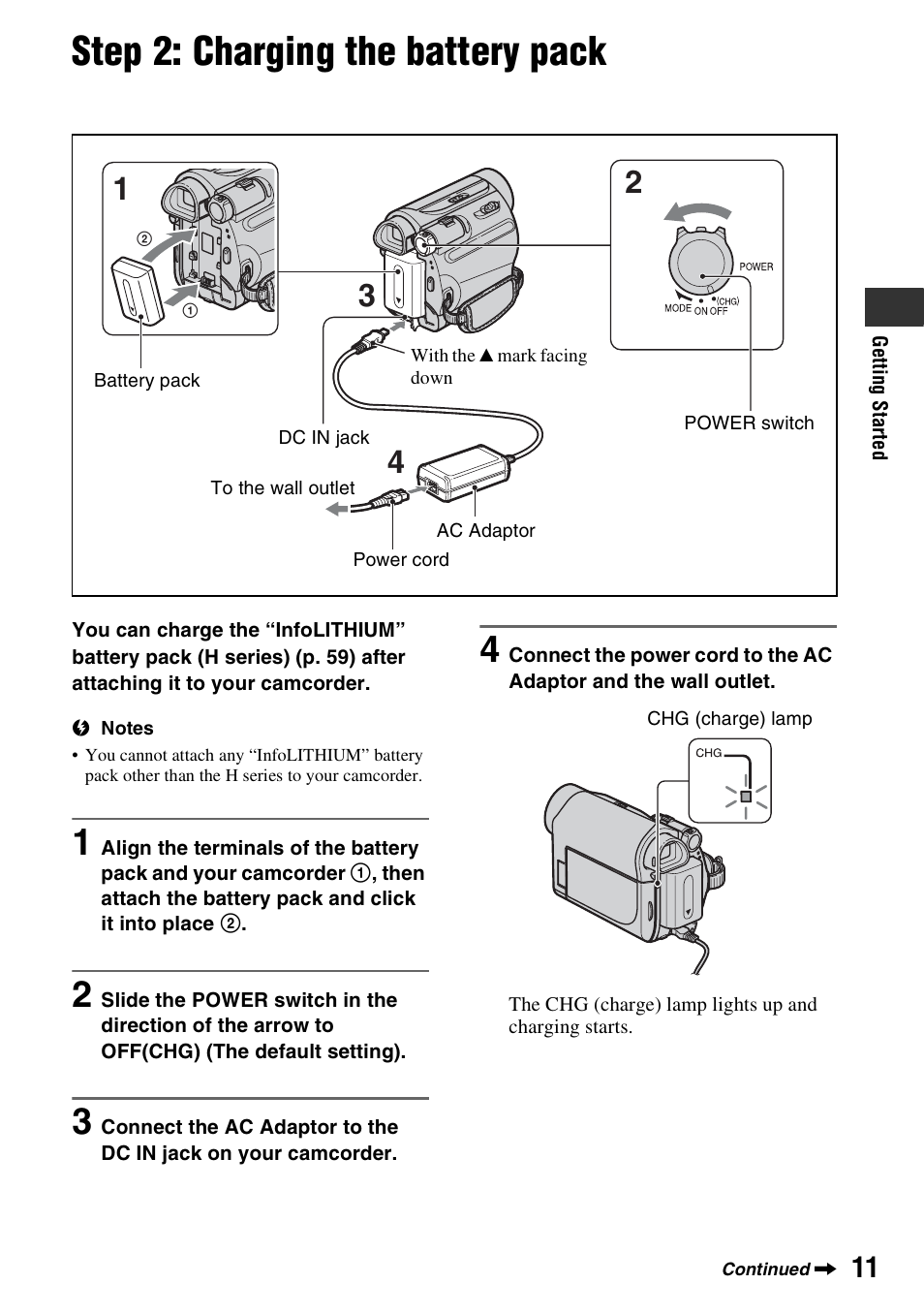 Step 2: charging the battery pack, R (1) (p. 11), Rd (1) (p. 11) | P. 11 | Sony DCR-HC38 User Manual | Page 11 / 84