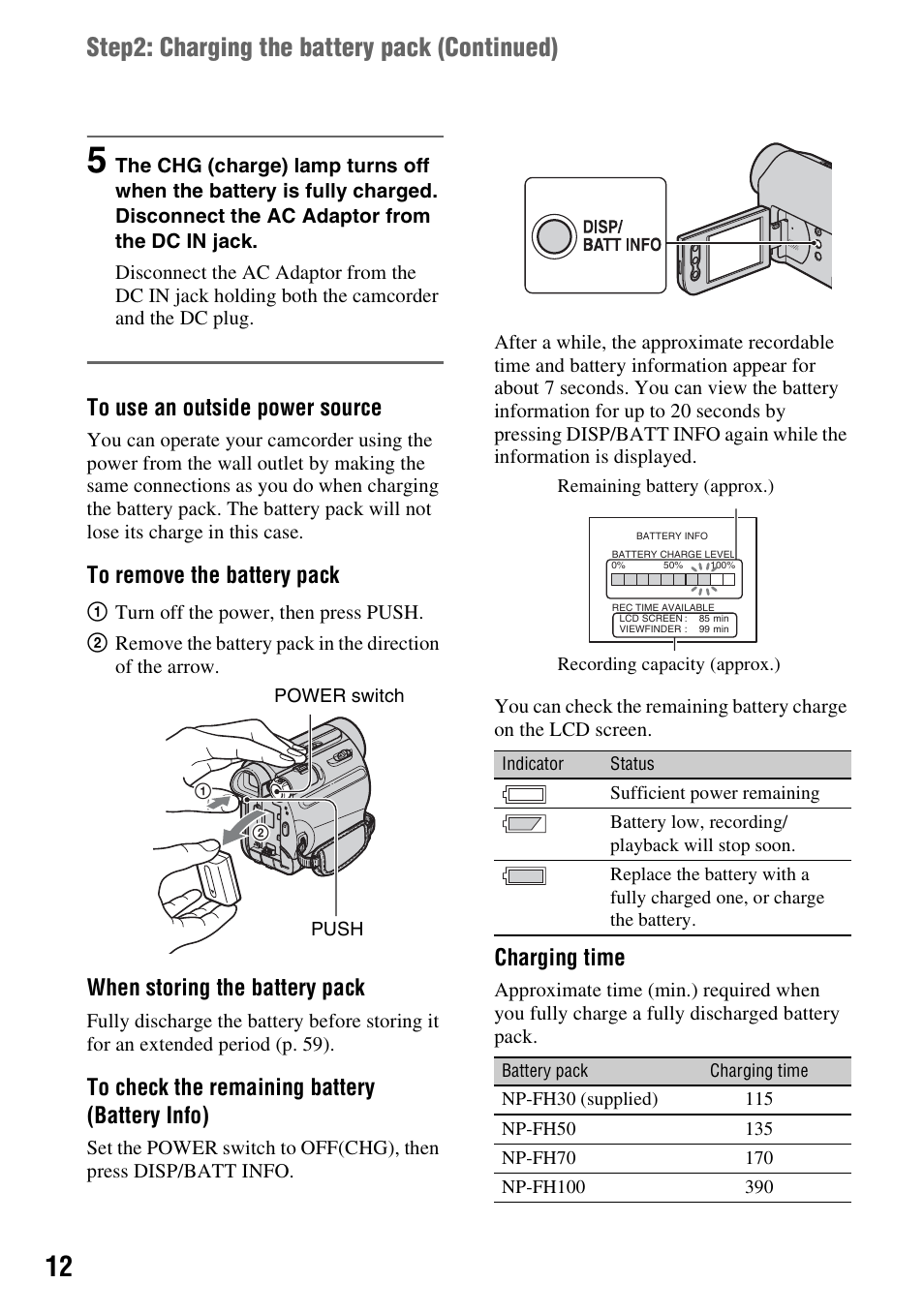 Step2: charging the battery pack (continued), When storing the battery pack, Charging time | Sony DCR-HC38 User Manual | Page 12 / 84