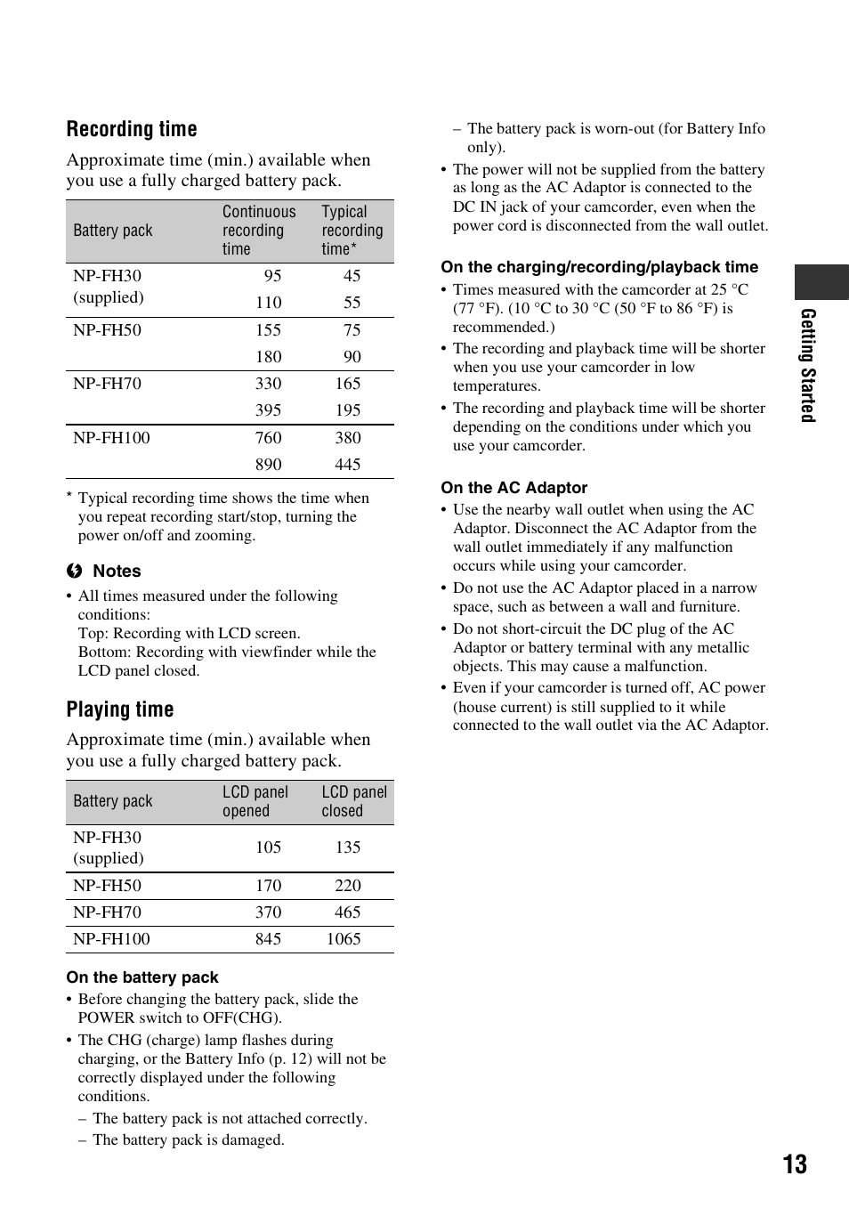 Recording time, Playing time | Sony DCR-HC38 User Manual | Page 13 / 84